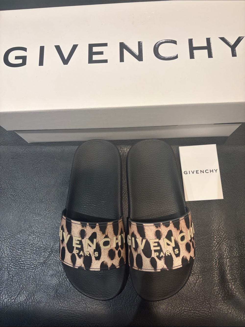 Givenchy Leopard Logo Slide Sandals - Black & Beige Animal Print Size 37